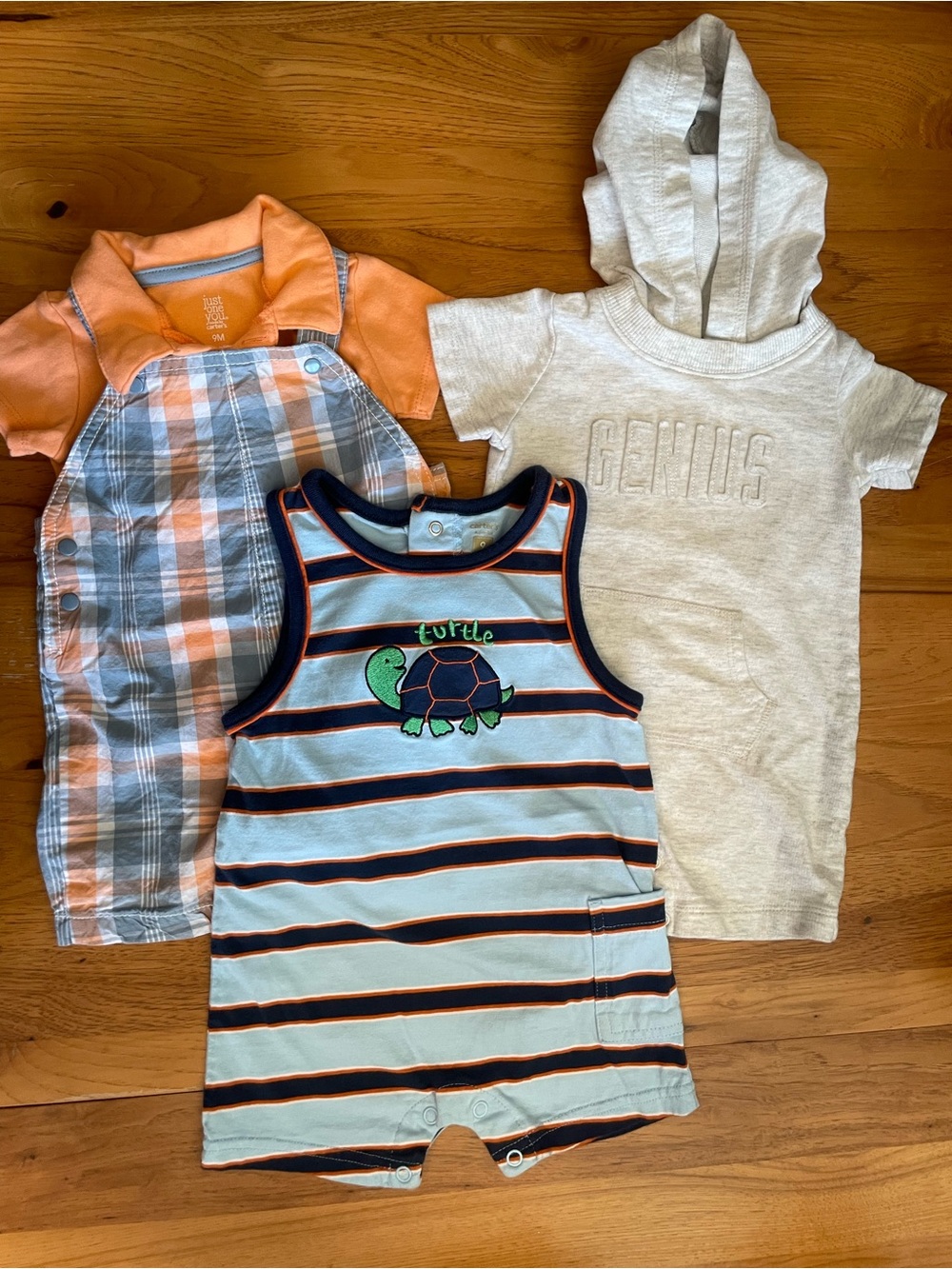 Carter's Light Blue, Orange and Gray Baby One-Piece Set - Turtle Stripe Romper